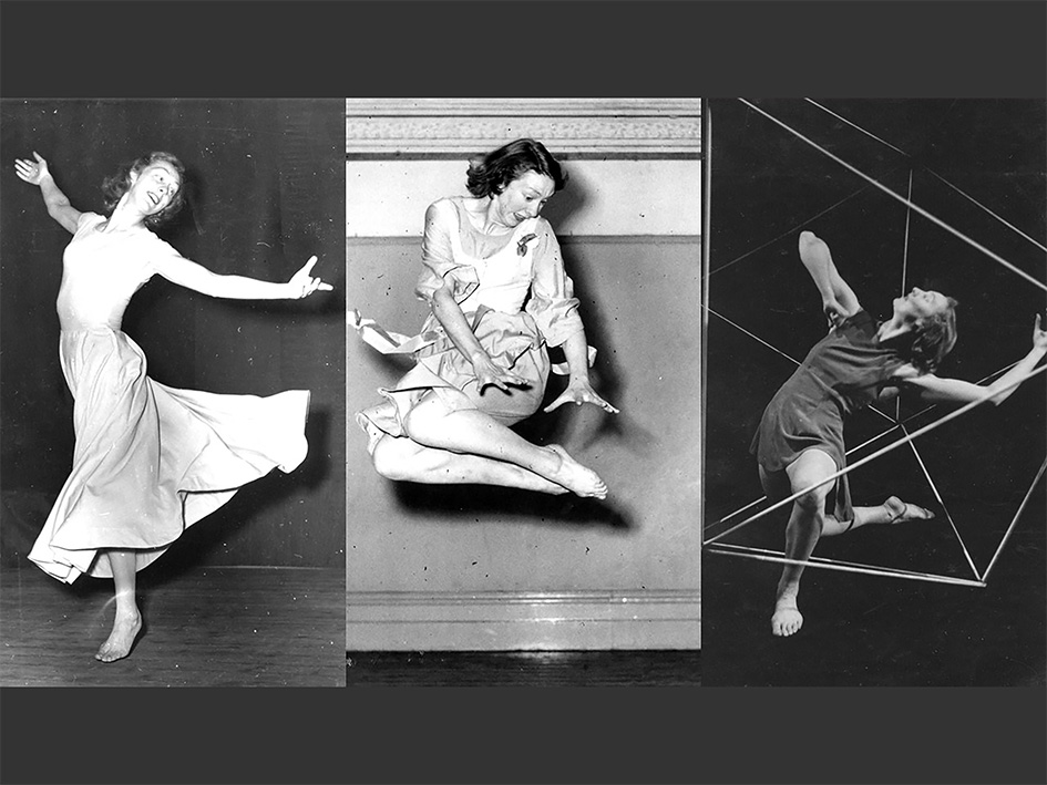 Geraldine Stephenson aparece en tres posturas de danza: en la primera, de pie con los brazos abiertos y la falda en movimiento; en la segunda, saltando con las piernas dobladas y el torso inclinado hacia adelante; y en la tercera, inclinada hacia atrás dentro de una estructura de barras, con una pierna estirada, la otra doblada y los brazos abiertos en diagonal.